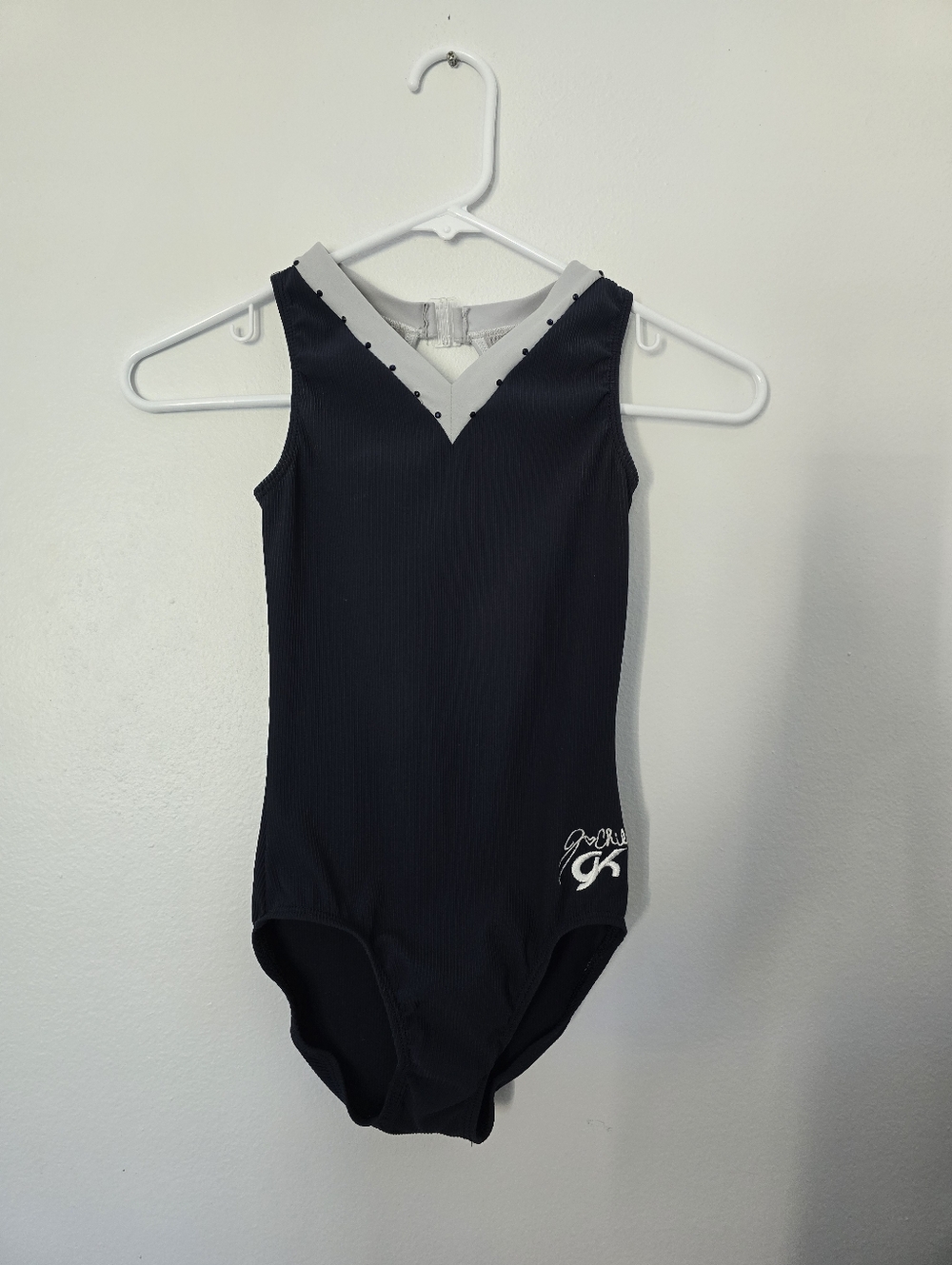 GK Elite Jordan Chiles Leotard Navy Blue Rhinestones Child Large